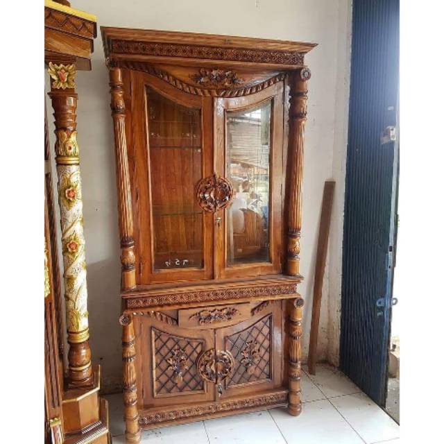 Lemari Hias Pajangan pintu 2 kayu jati ukiran asli jepara