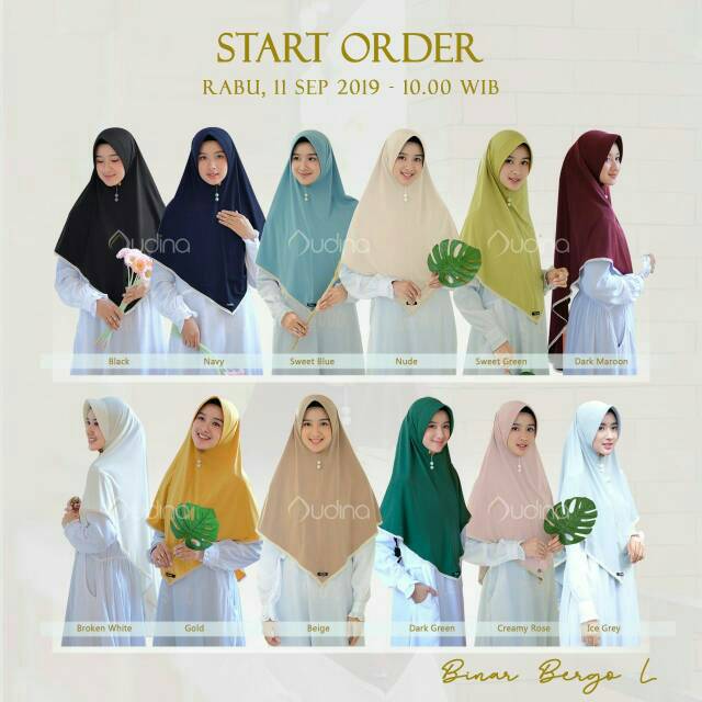 BINAR BERGO SIZE L ORI AUDINA JILBAB KHIMAR HIJAB INSTAN SYARI MURAH PET ANTEM RENDA CANTIK POLOS