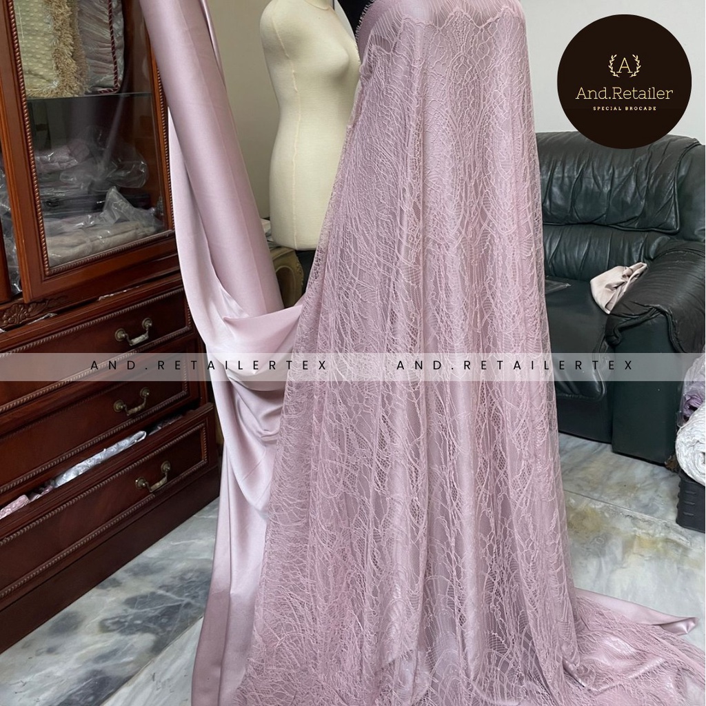 Bahan Kebaya Semi France Panel per 2,5m Lace Chantily Shantily Motif New Series Warna Soft Lavender