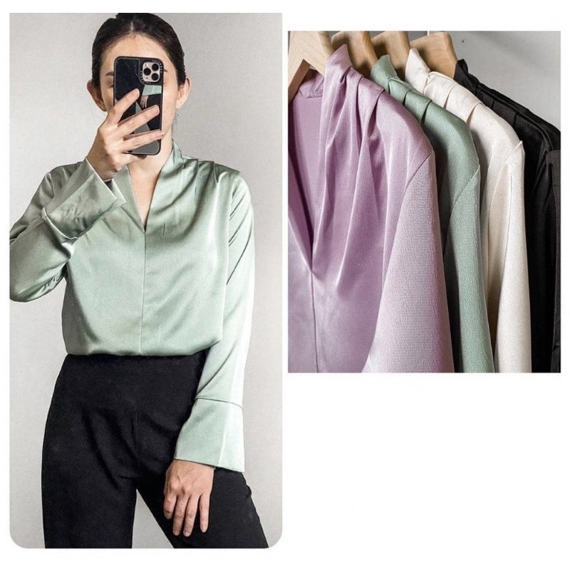 cella plain blouse - blouse bahan satin all size warna nude