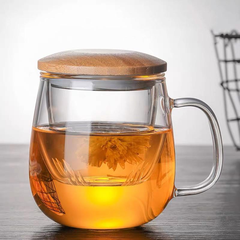 Mug Cangkir Gelas Kopi Teh Set Saringan Infuser Tutup Kayu / Gelas Kaca Unik Dengan Saringan Infuser