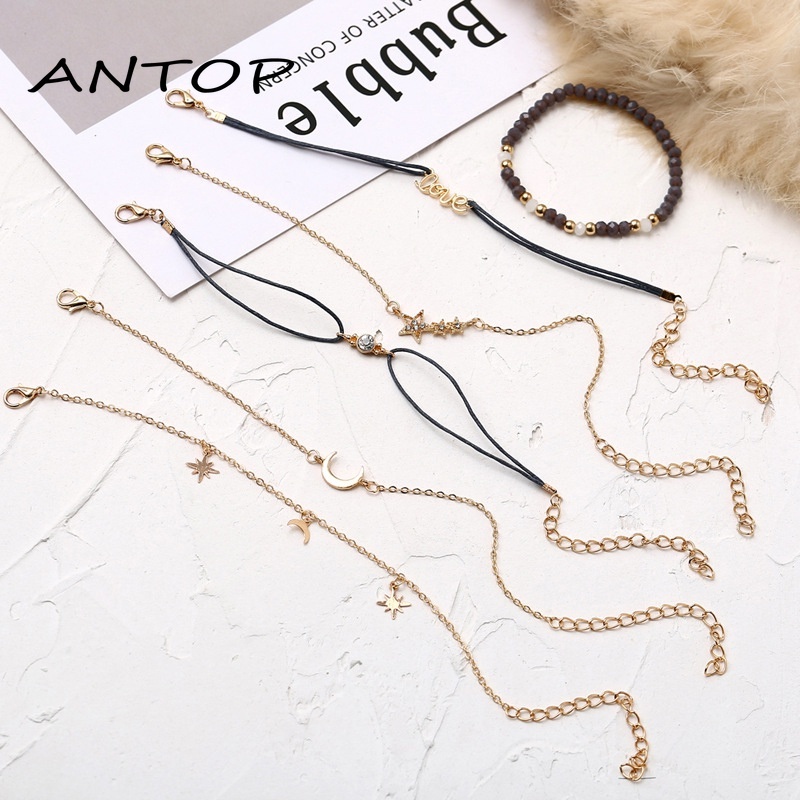 6 Pcs Retro Gelang Set Bintang Bulan Gelang Fashion Wanita Aksesoris Hadiah Teman Terbaik ANTOP