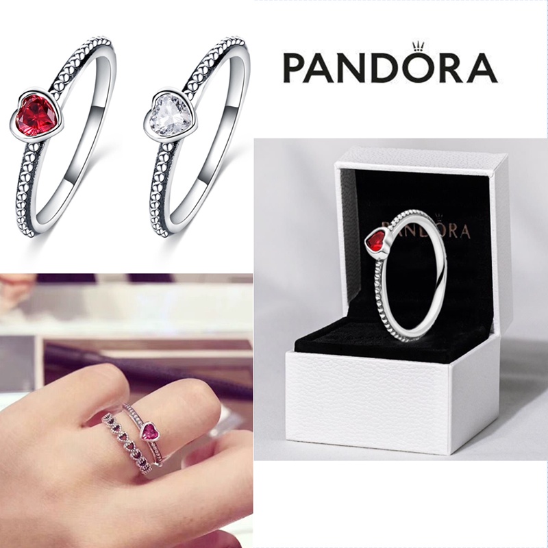 Pandora Cincin 925 Silver Bentuk Hati Aksen Ruby Kubik Zirkonia Untuk Wanita