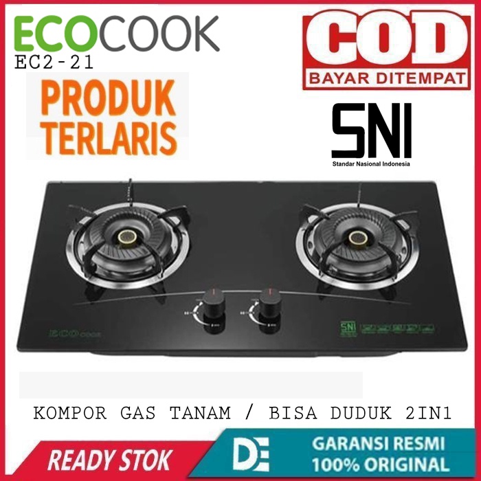 Eco Cook Kompor Gas Tanam 2 Tungku EC2-21 Kompor Gas Kaca Tebal 2in1 Model Black Setris