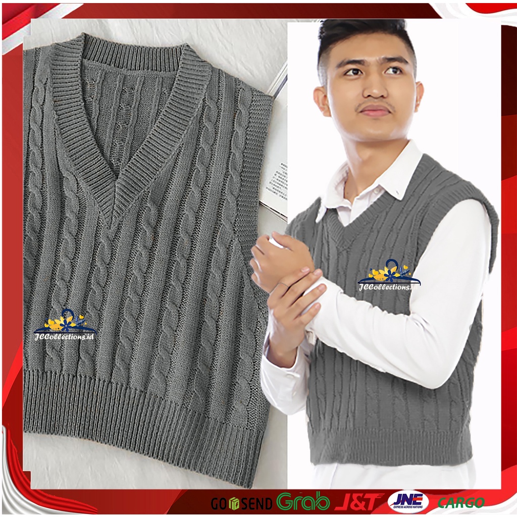 Rompi Pria Rajut Motif Kabel L-XL Vneck Knitting Nickko / Cable Vest - JCCollections