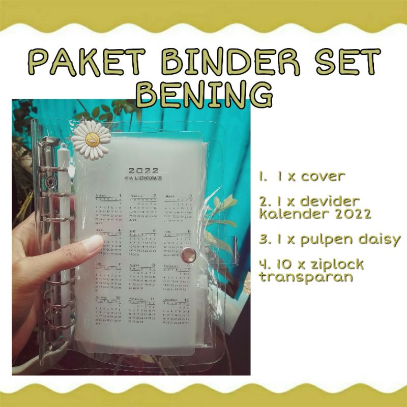 

Binder A6 Clear Transparan / PAKET Budgetin Keuangan - Cover + Devider kalender 2023 + Pulpen Daisy + Ziplock PVC Transparan