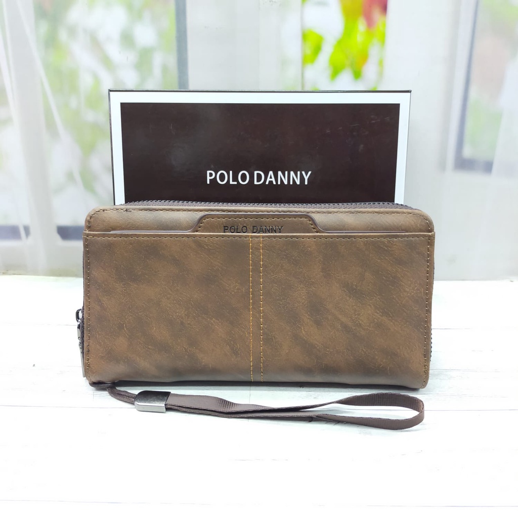 Dompet resleting POLO DANNY Import Clutch Dual Zipper Panjang Kulit PU Wanita