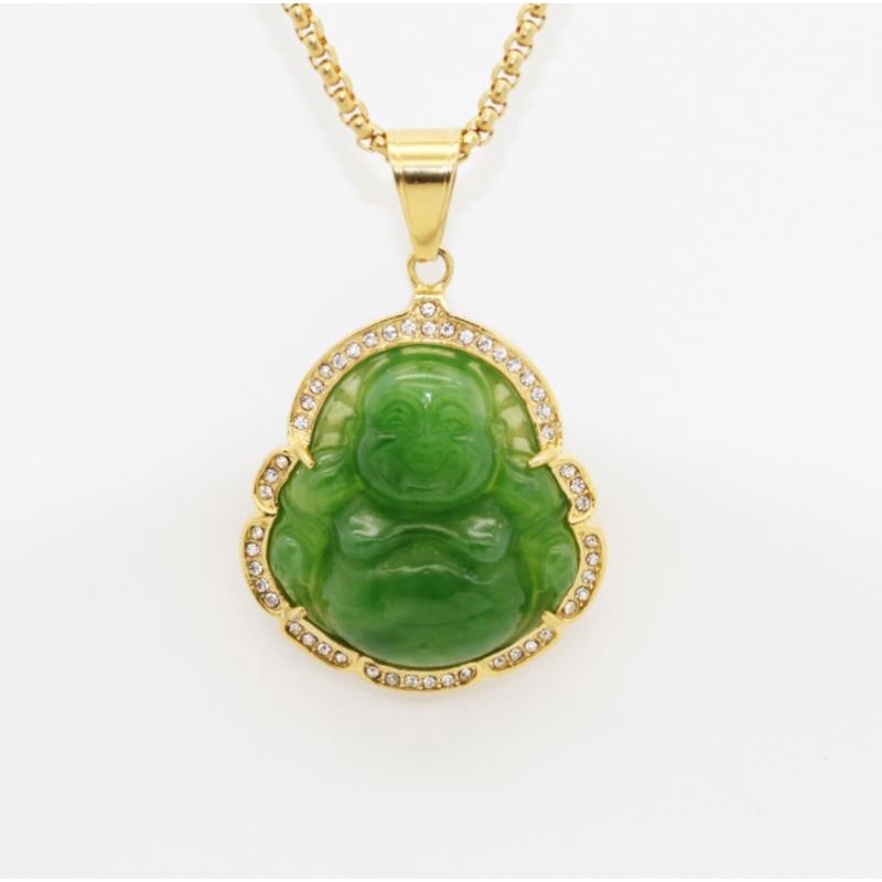 Kalung Liontin Batu Giok Maitreya Budha Bluestone Natural Untuk Pria Dan Wanita