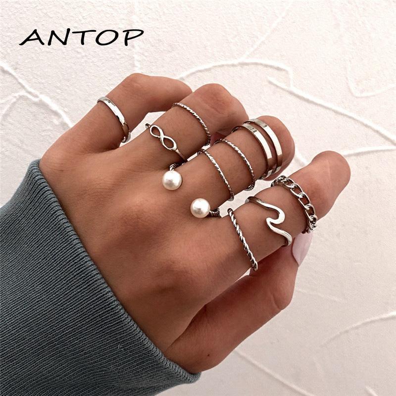 10 Pcs / Set Cincin Manik-Manik Mutiara Ganda Gelombang Geometris Untuk Wanita