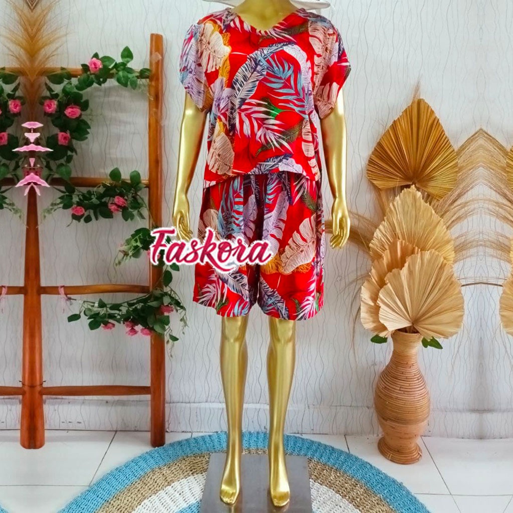 One Set Rayon Lengan Pendek Jumbo Retro / Setelan Rayon Pendek Jumbo Wanita / One Set Pendek Jumbo