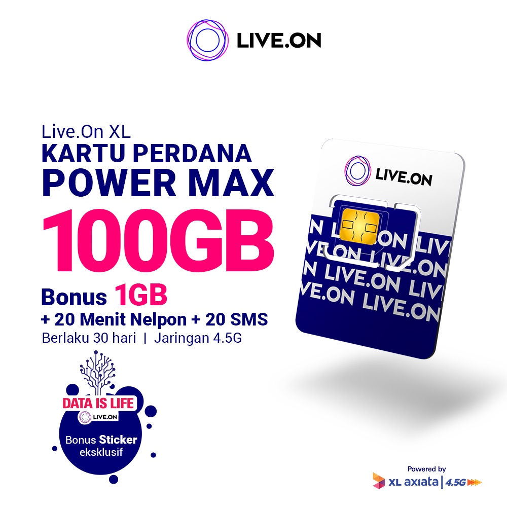 Live.On Kartu Perdana Power Max 100GB + 1GB (30 hari) 4.5G + 20 Menit Nelpon + 20 SMS + Sticker H