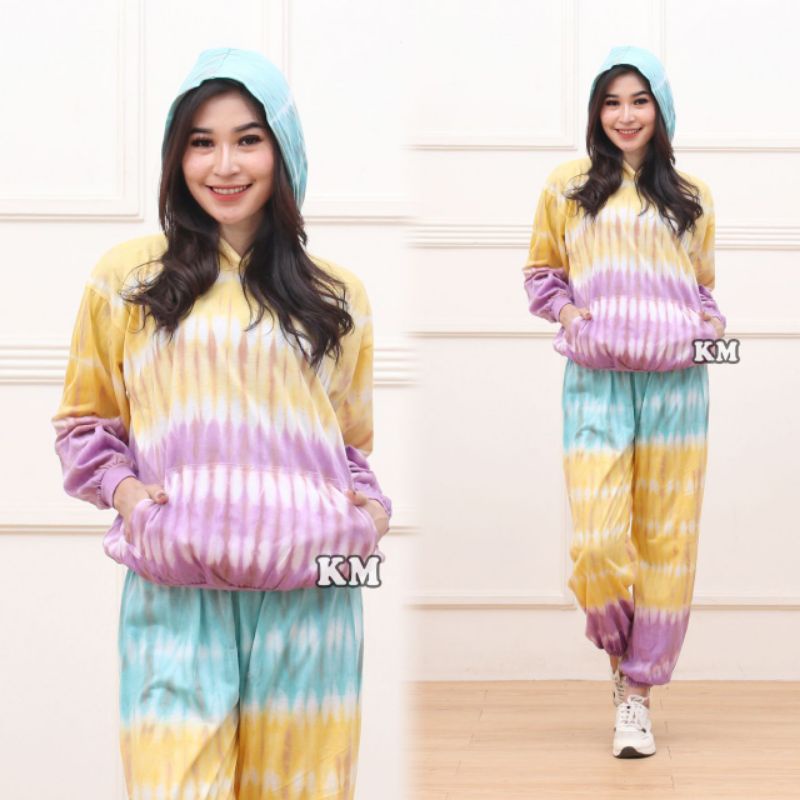 Setelan CP Sweater Hoodie Tiedye Set Celana Joger One Set Tiedye Fashion Baju Wanita Kekinian-Hoodie lapis Kuning
