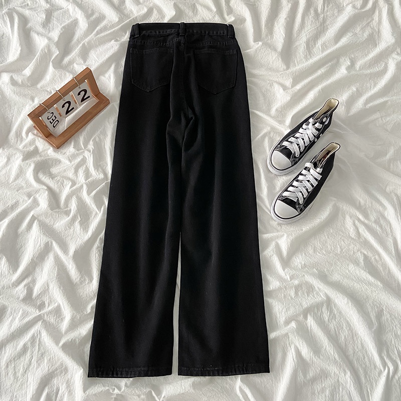 Black Korean New Women's Loose High Waist Wide Leg Jeans（realpict）