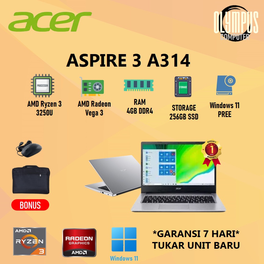Laptop Acer Aspire 3 A314 Ryzen 3 3250U 4GB 256SSD VEGA3 DOS 14.0