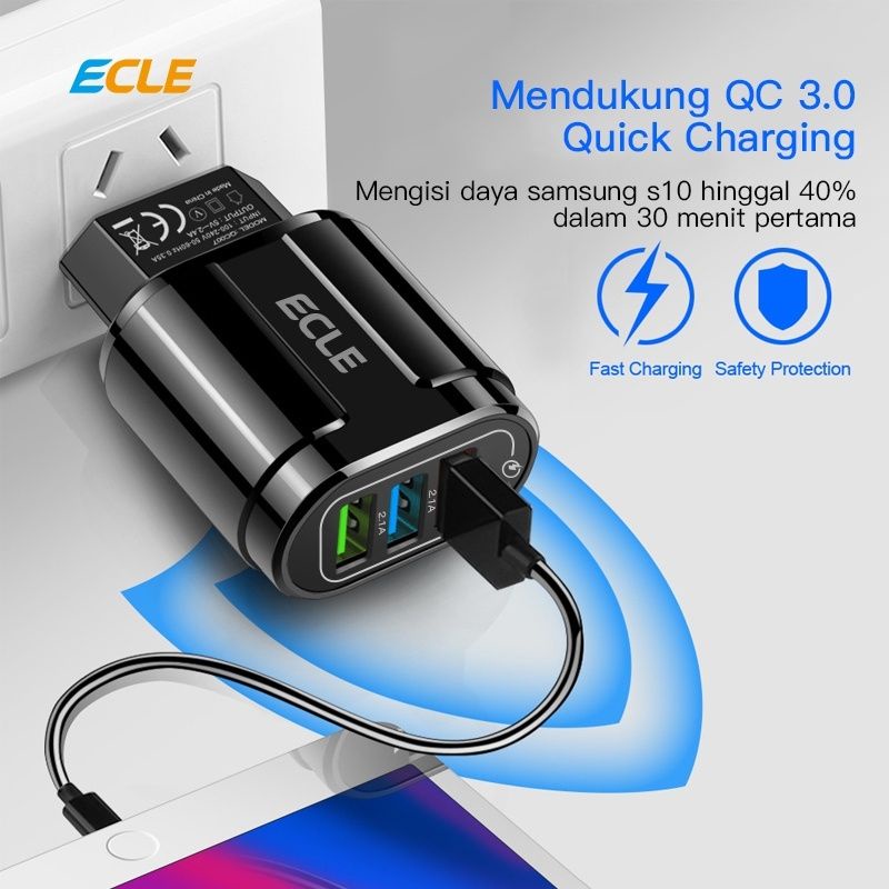 Adapter Ecle Charger 3 Port 30W QC3.0 Fast Charging Original