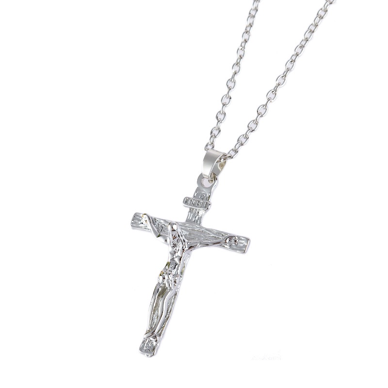 Kalung Rantai Liontin Salib Yesus Bahan Stainless Steel Lapis Emas / Silver 14k Gaya Hip Hop