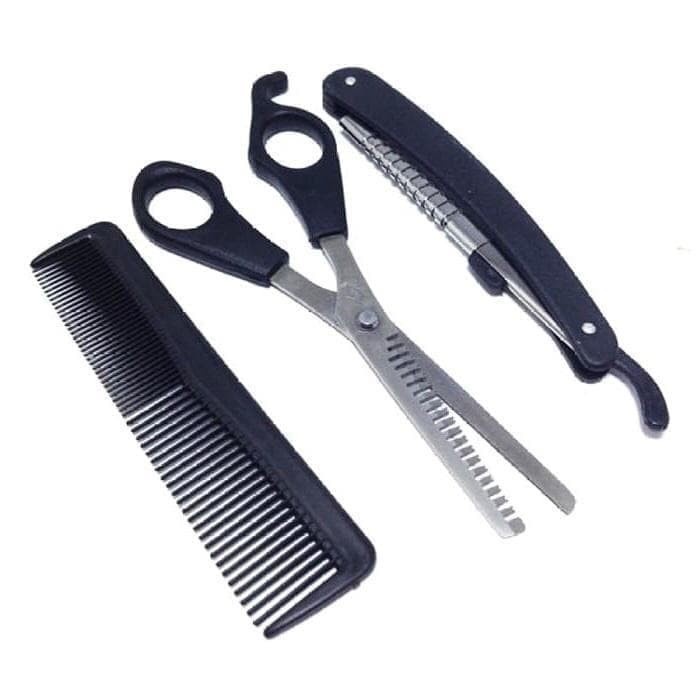 SS3- Gunting Rambut Set 3pcs Gunting Sasak - Sisir - Pisau cukur lipat