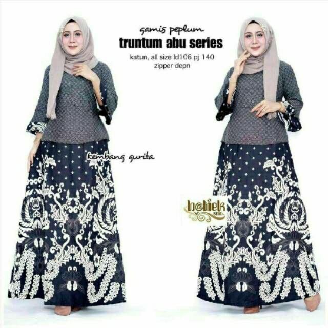 Gamis Peplum Truntum Abu Series Batik Long Maxi Layer Seragam Pesta Kondangan Kekinian Cantik Muslim