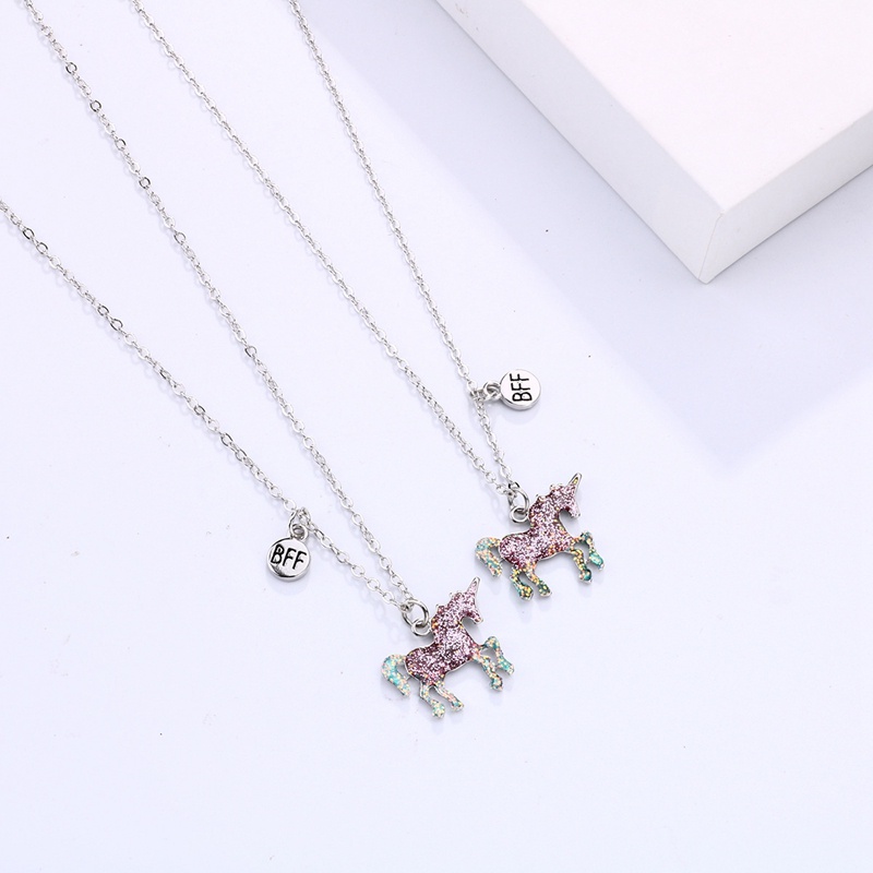 2pcs / Set Kalung Rantai Dengan Liontin Kartun Unicorn Warna Pink Untuk Wanita