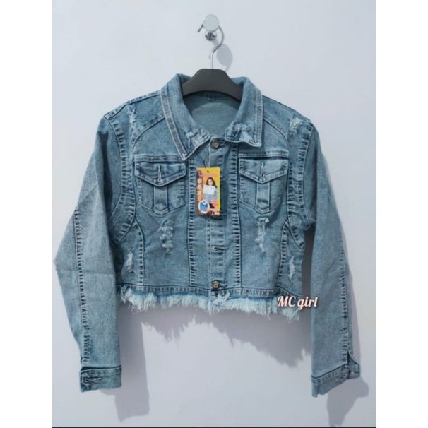 MC girl - Jaket Jeans Premium Crop Sobek Rawis Gambar Pita / Jacket Denim Ripped Body Pendek Rumbai Wanita / Jaket Lepis Koyak Snow Blue Pita 3D