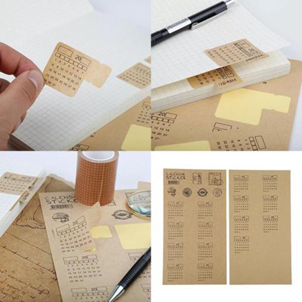 ELEGANT Retro Kraft Paper Diy Index Calendar Sticker Universal Tabs Stickers Handwritten Kawaii Organizer Stationery 4 Sheets Label