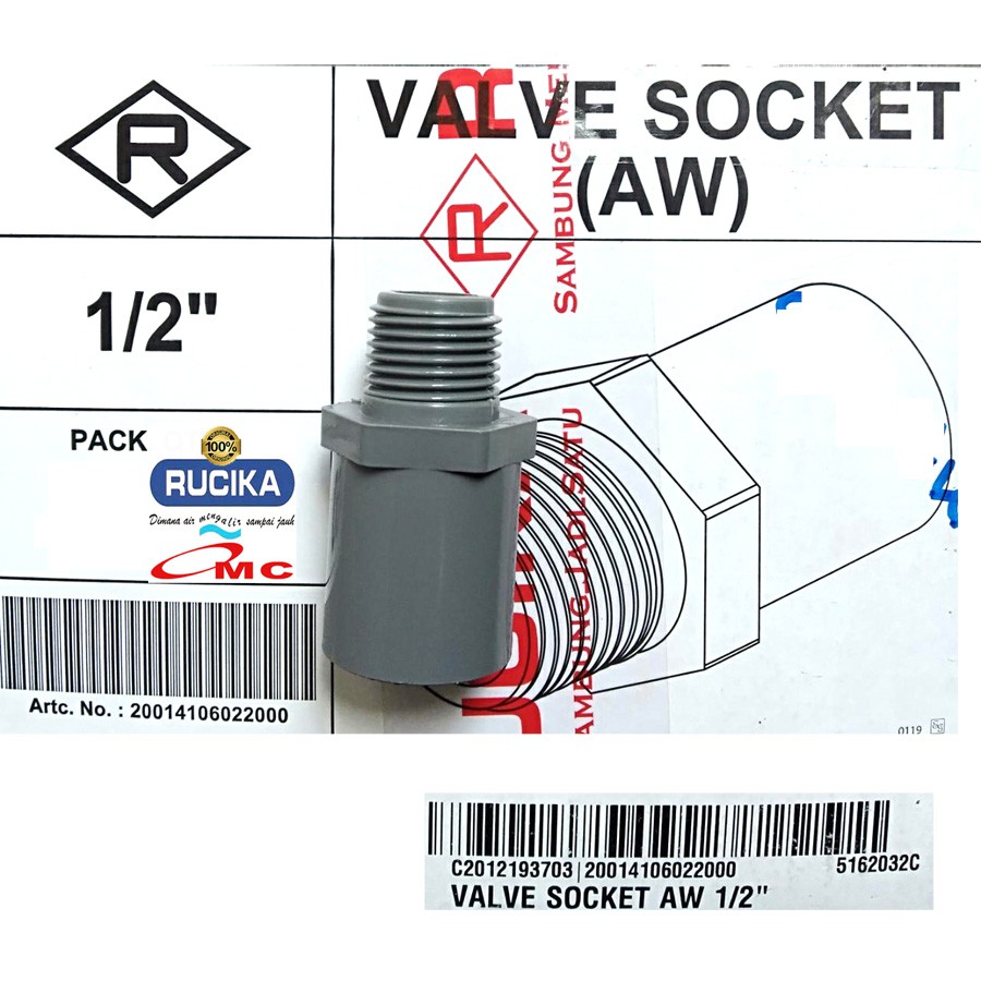 Sambungan Pralon Valve Socket Aw Sock Sok Drat Luar 1/2 Inch RUCIKA