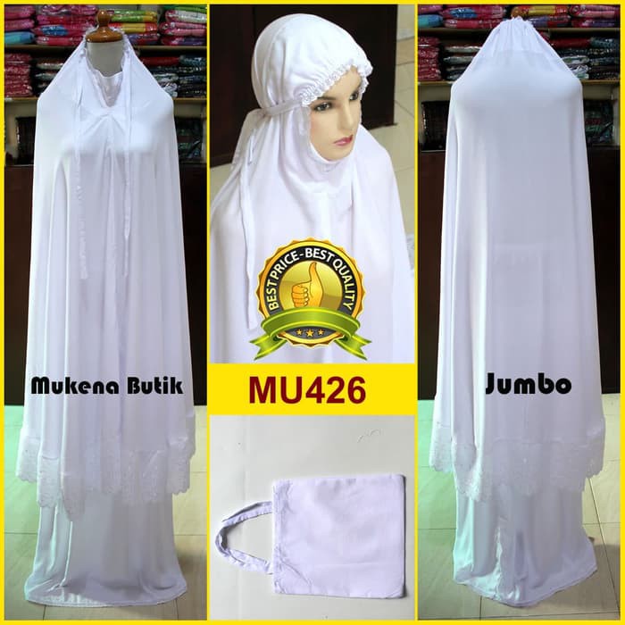 Mukena Jumbo Putih Polos Renda Tempel Bahan Rayon Super - MU426