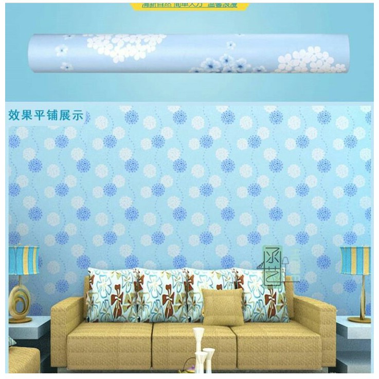 WALLPAPER DINDING 45 CM X 10 M / 9.5 M STIKER DINDING BUNGA BIRU PUTIH