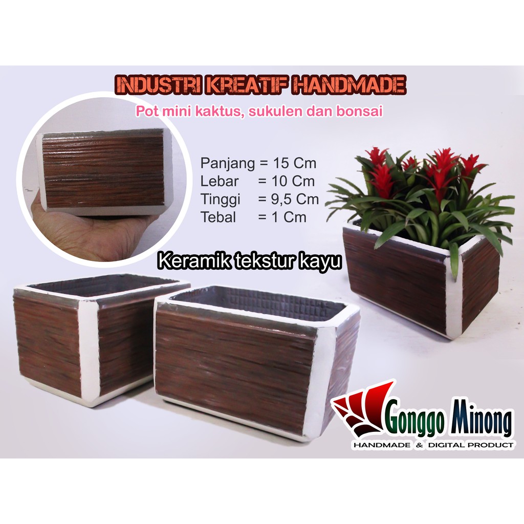 Pot tanaman hias sukulen keramik motif kayu coklat HANDMADE