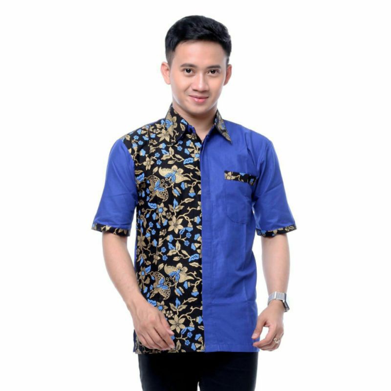 Koko batik pria cowok tangan lengan pendek casual kerja biru elektrik lebaran