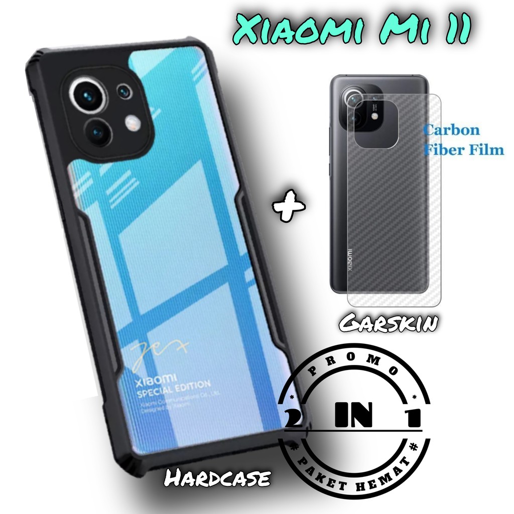 Case Xiaomi Mi 11 Armor Transparant Hard Case Paket Skin Carbon / Garskin Handphone Xiaomi Mi11