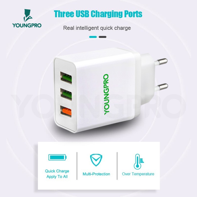 (BERGARANSI 1 TAHUN) YOUNGPRO YPC03 Charger 28W 3 Port Quick Charge QC 3.0 Fast Charging Kepala Cas HP Murah Warna Putih