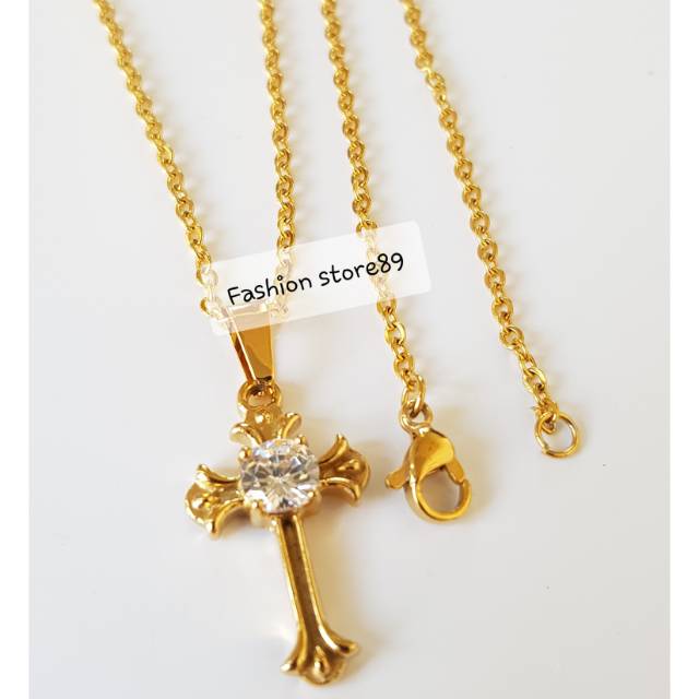 Kalung fashion import salib permata /kalung rohani titanium antikarat Gold KS014