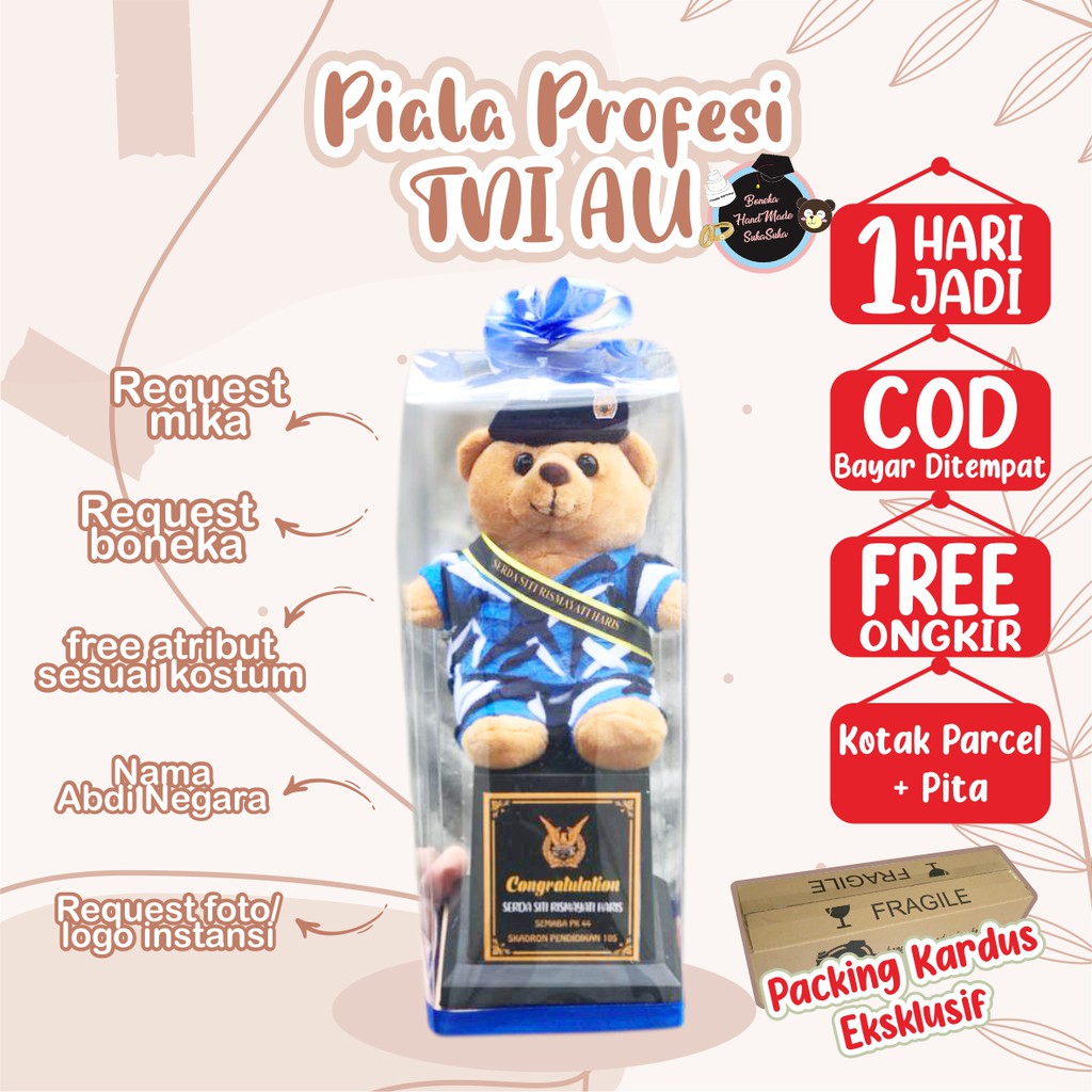 PIALA BONEKA WISUDA TNI / BONEKA TNI AU / BONEKA TEDDY BEAR / Free Custom + Free Pilih Boneka