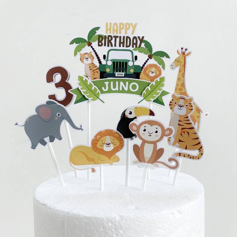 Cake Topper 3D Custom Nama Karakter Jungle Animals Animal Woodland Zoo - Alat Dekorasi Kue Ulang Tah