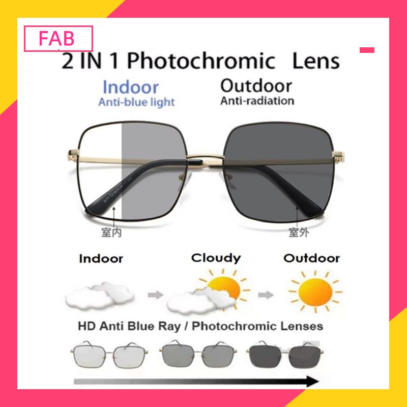 FAB Kacamata Lensa Photocromic 2 in 1 anti Radiasi Wanita Pria Kacamata Bingkai Titanium Perubahan Warna