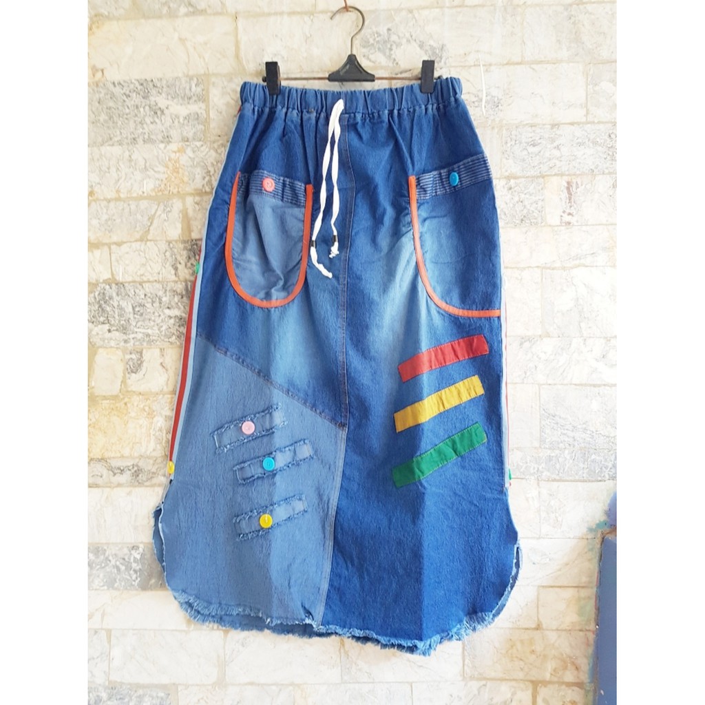 Rok Jeans Panjang Wanita Rawis Rumbai Stevany Variasi Tambal Fashion Muslim Pinggang Karet