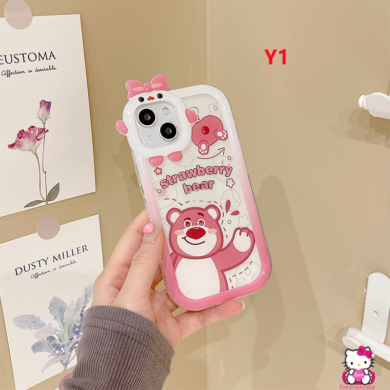 Soft Case TPU Motif Kartun Beruang Pink Strawberry 3D Untuk IPhone 7Plus 13 11 12 Pro MAX 6 6S 7 8 Plus XR X XS MAX 8Plus SE 2020