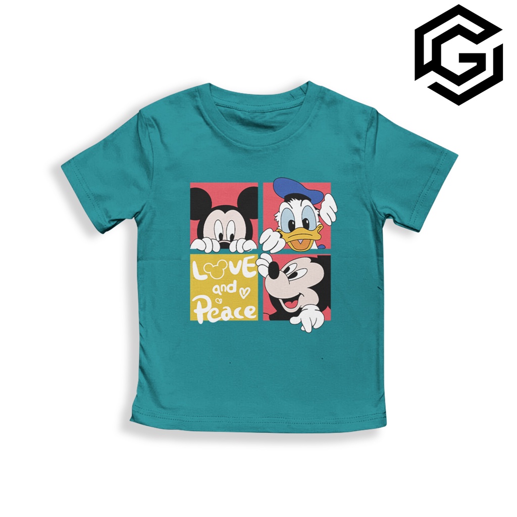 Kaos Distro Anak Laki-Laki Dan perempuan 1-10 Tahun Unisex Motif Love And Peace Mickey