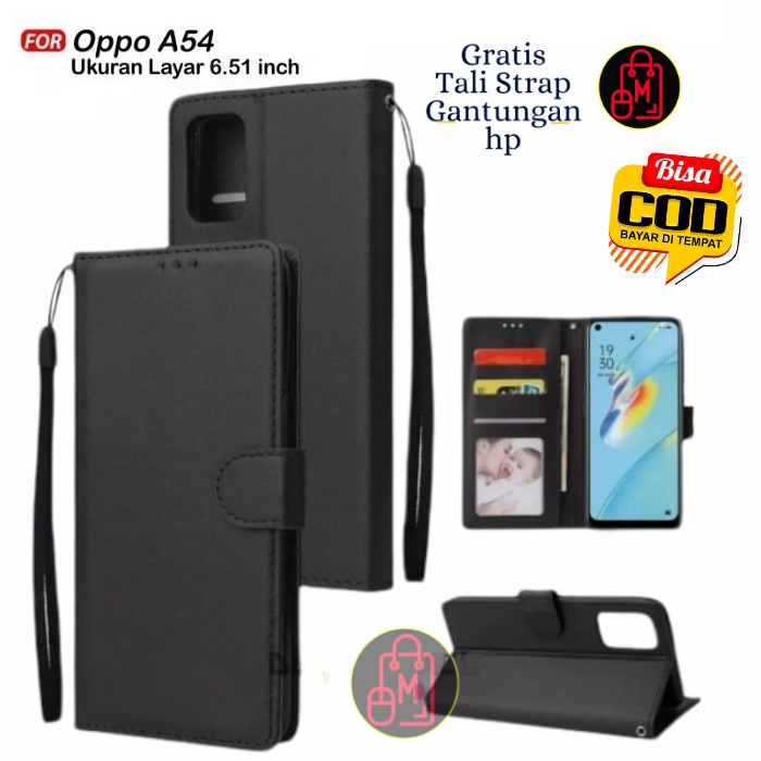Sarung Buku Flip Untuk OPPO A54 - Wallet Case Casing Wallet Dompet Hp FREE STRAP GANTUNGAN
