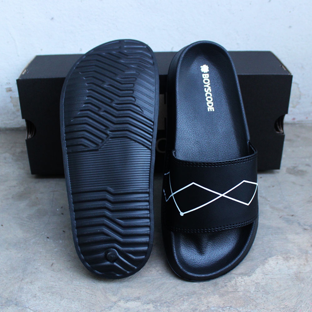 Sandal Slip On Pria Distro Terbaru Boyscode Curves Lines Hitam / Sandal Slop / Sandal Slide Pria