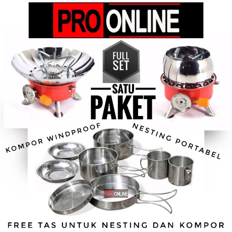 Nesting 8 set stainless dan kompor windproof - cooking set stainless camelwill - alat masak portable