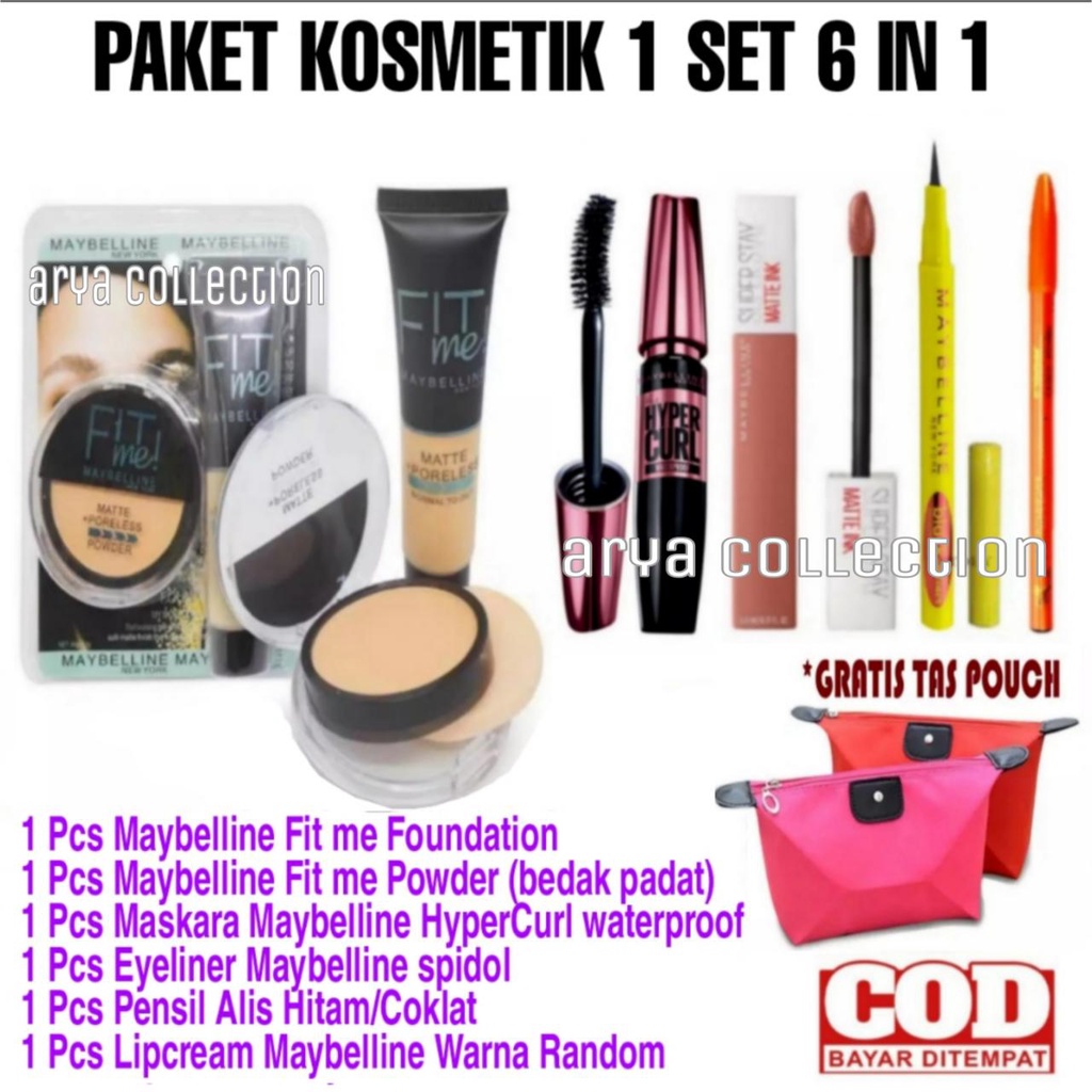 Paket Makeup Wanita Lengkap Murah 1 Paket 5in 1/ Paket Kosmetik Maybelline Matte Poreless New Fit me 1 Set