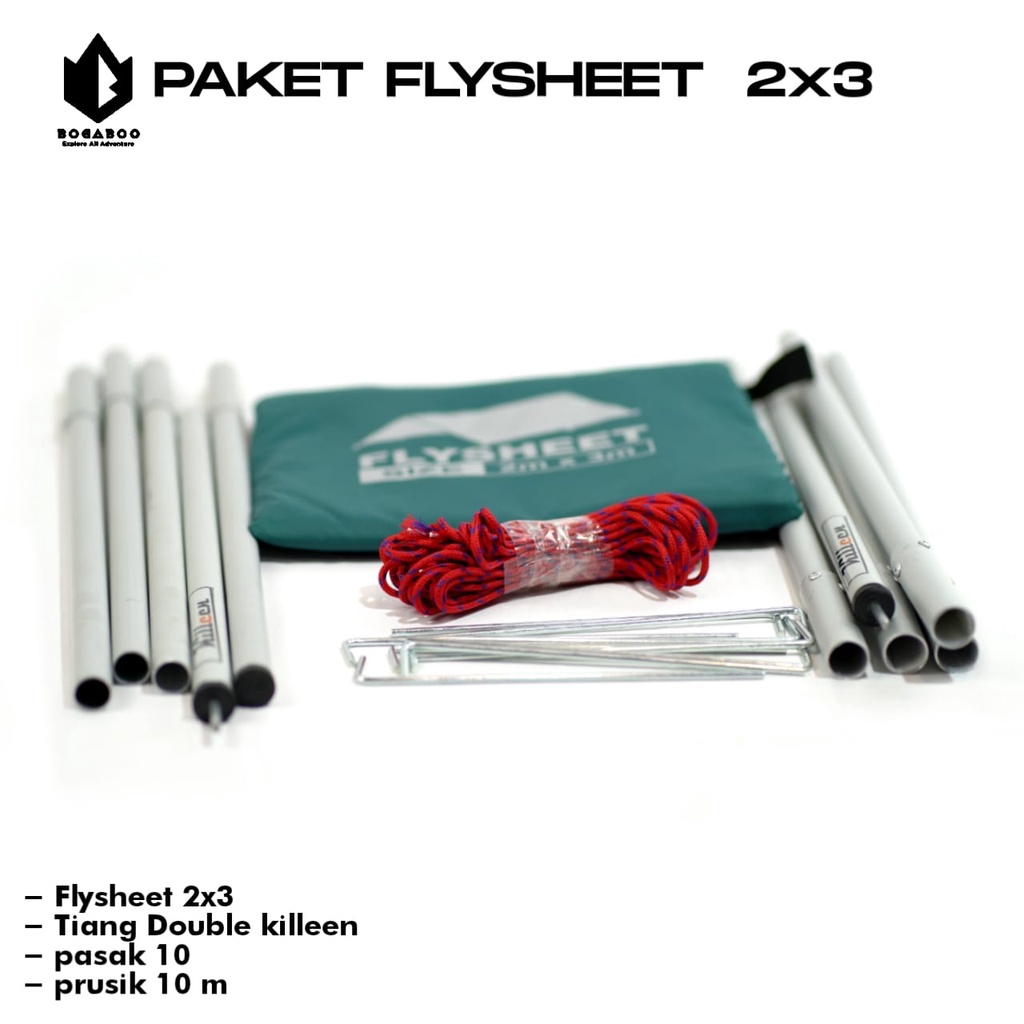 BISA (COD) PAKET Tiang Double Killeen + Flysheet 2x3 + Tali Perusik 10 M + Pasak 10Pcs
