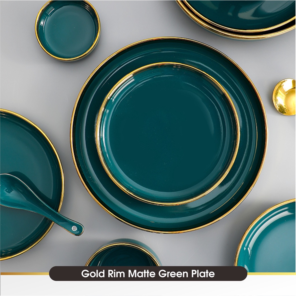 Set 9 &amp; 26 PCS Piring Mangkok Makan Hijau Keramik Pinggiran Emas Cantik Ceramic Mewah Western Steak Gold Rim Plate