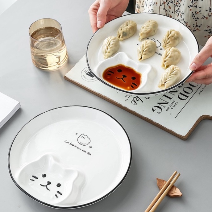 Piring Makan / Saji Dimsum Saus Kucing Keramik / Dumpling Plate Sauce