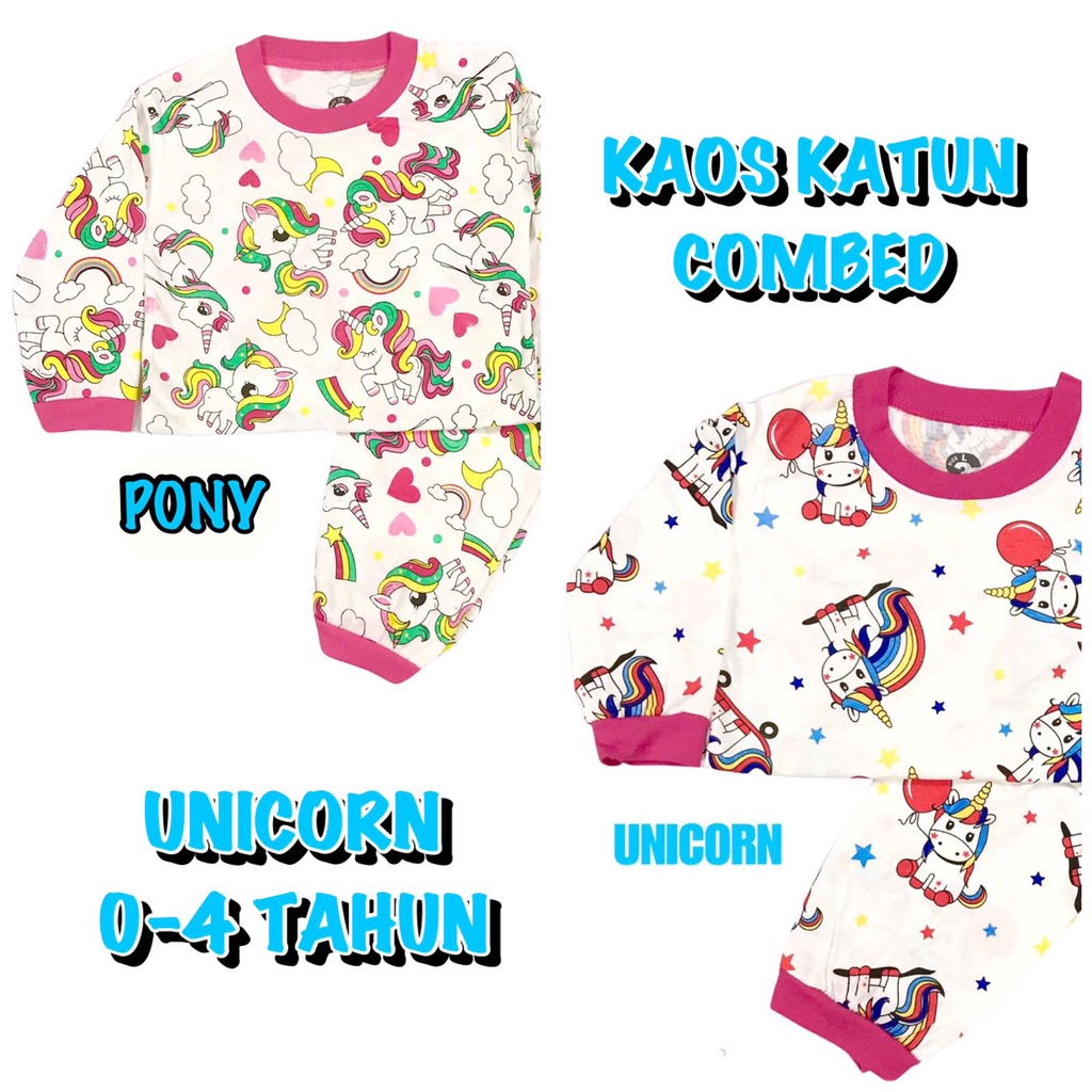 (1 KG MUAT 7 STEL) BAJU TIDUR ANAK KIDS PEREMPUAN/CEWEK SETELAN/STELAN BAHAN KAOS KATUN COMBED 1-4 TAHUN PONY/UNICORN/PONI