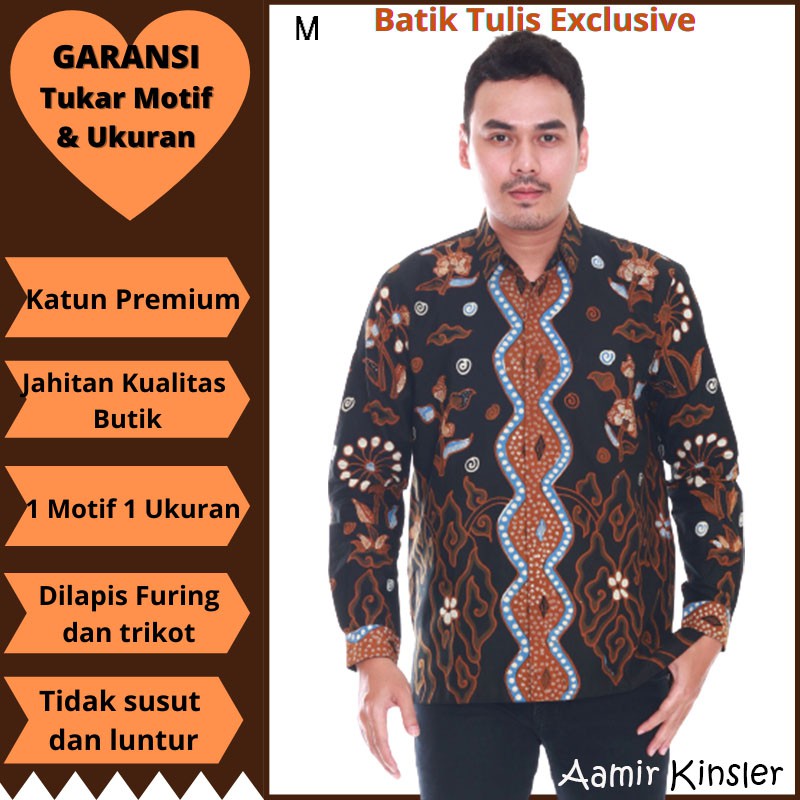 kemeja batik tulis pria keren exclusive halus katun cirebon mega mendung lengan panjang hitam