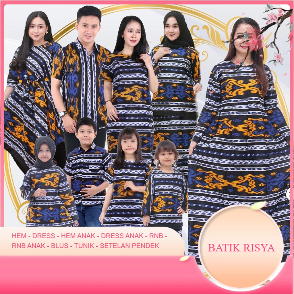 Pakaian Keluarga Risya - Ibu Bapak Anak - Motif Songket Tenun Biru Andin - Dress Tunik Blus Hem Keme
