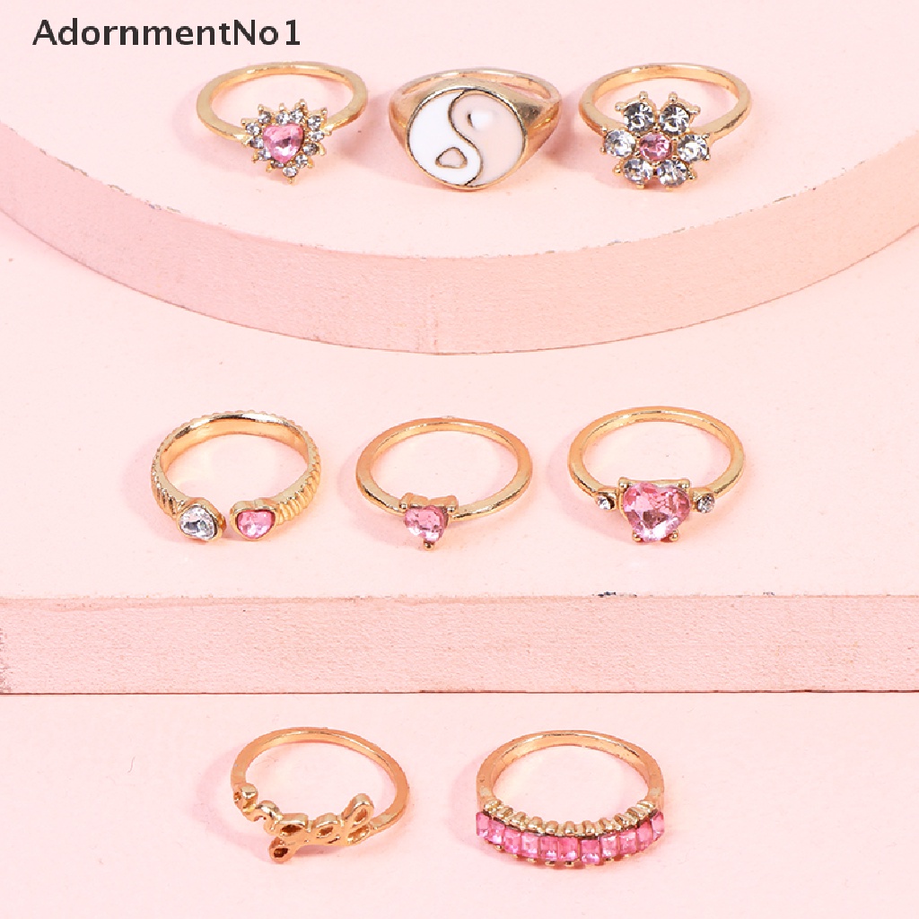 (AdornmentNo1) 8pcs / Set Cincin Gaya Punk Motif Hati Aksen Batu Kilau Warna Pink Untuk Perhiasan Wanita